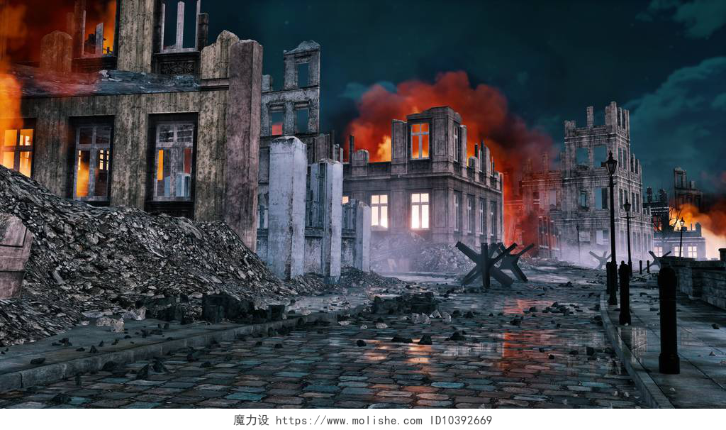 乌云下的废墟景观战后在夜晚被遗弃的欧洲城市